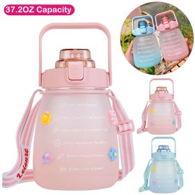 Kawaii Water Bottle with Straw 37.2oz Large Capacity Portable Sports Bottle (Color: Pink)