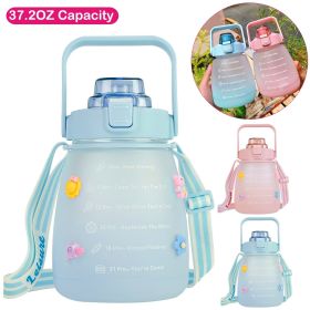 Kawaii Water Bottle with Straw 37.2oz Large Capacity Portable Sports Bottle (Color: Blue)